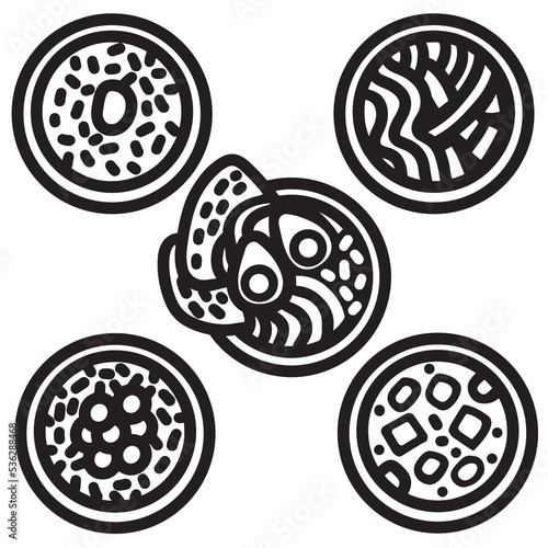 Set of various Japanese meals. Isolated vector illustration in simple linear style. 