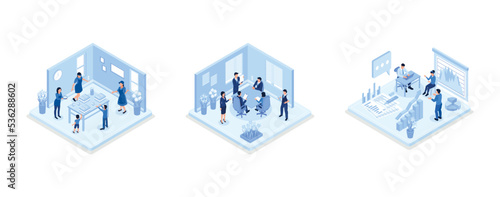 Woman Character Cooking Homemade Cake on Kitchen, Businessman and Businesswoman Working, Discussing and Meeting in Open Space Office, Financial advisor concept banner with characters, isometric vector