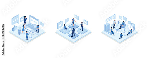 People Characters Giving Five Star Feedback, Teamwork concept with puzzle, People team work together, isometric vector modern illustration
