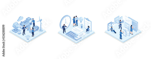 Smart Grid Technology with Renewable Energy, Time management concept, Seo concept, isometric vector modern illustration