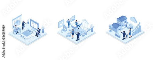 Financial advisor with client analyzing financial report, Coins and banknotes lying near government finance department or tax office column building, House loan, rent and mortgage Concept, isometric v