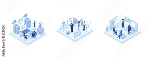 Character connecting to Data Center and using Cyber Security Services to Protect Personal Data, People Character Connecting Devices with New Generation 5g Technology Network, Developers Team Programmi