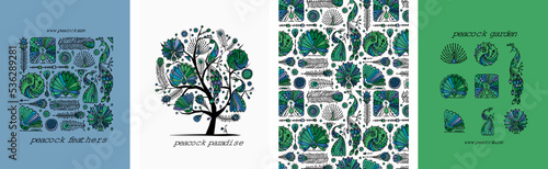 Concept Art, Peacocks Vintage Ornament. Frame, background, tree, icons. Set for your design project - cards, banners, poster, web, print, social media, promotional materials. Vector illustration