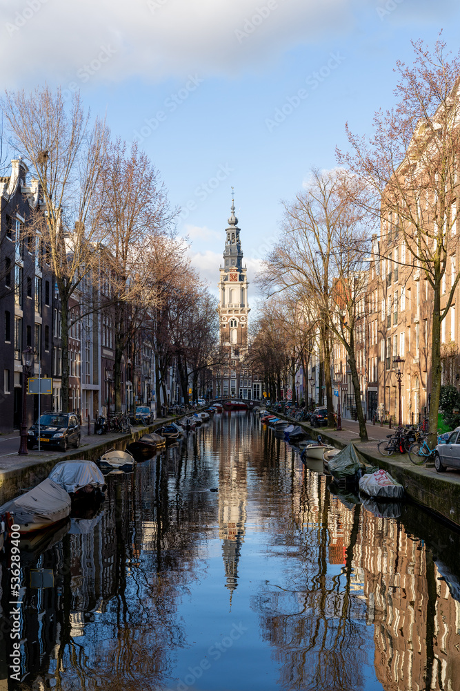 Church over the canals in Amsterdam Netherlands