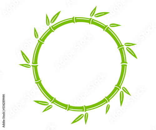 Green bamboo trunk circle frame. Natural round text box. Bamboo branch border with leaves. Blank frame template. Vector illustration isolated in flat style on white background.