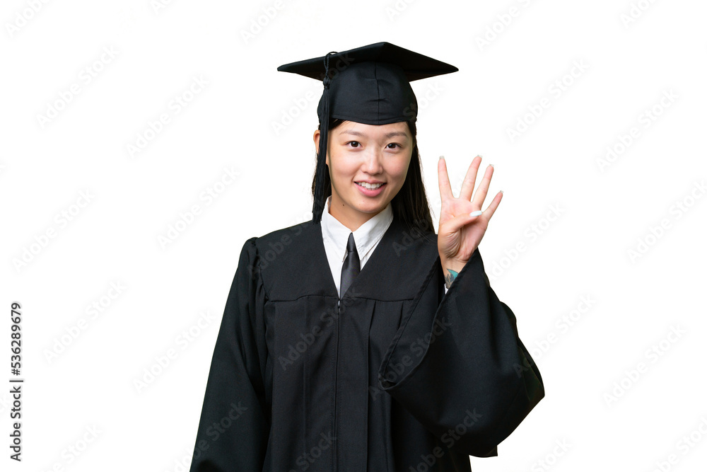 Young university graduate Asian woman over isolated background happy and counting four with fingers Young university graduate Asian woman over isolated background happy and counting four with fingers