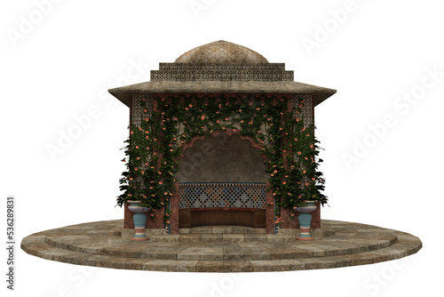Old ivy covered garden folly building with a bench seat. 3D rendering isolated.