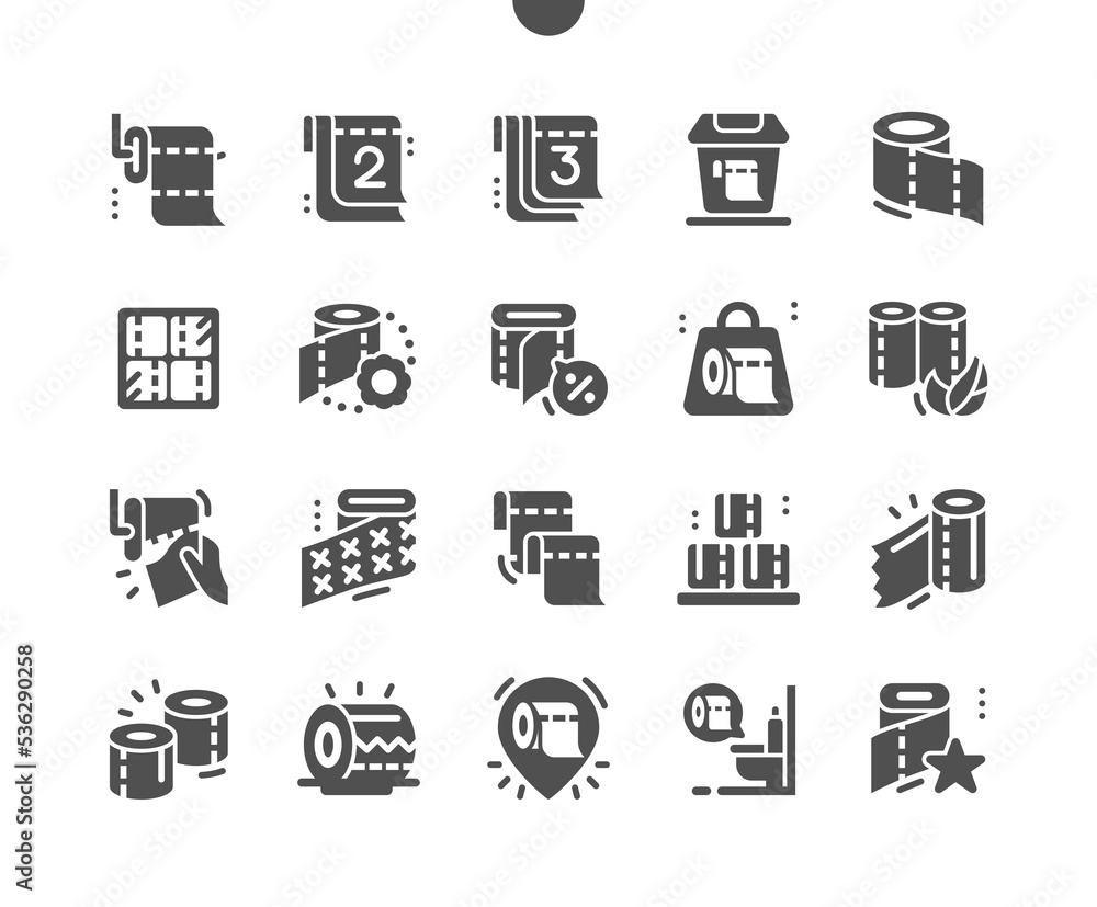 Toilet paper roll. Eco friendly toilet paper. Restroom, household, hygienic, material, scroll. Waste bin. Vector Solid Icons. Simple Pictogram