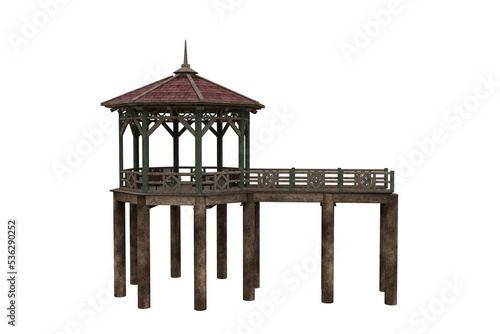 Old style wooden pier with bench seats under a pergoda roof viewed from side. 3D rendering isolated. photo