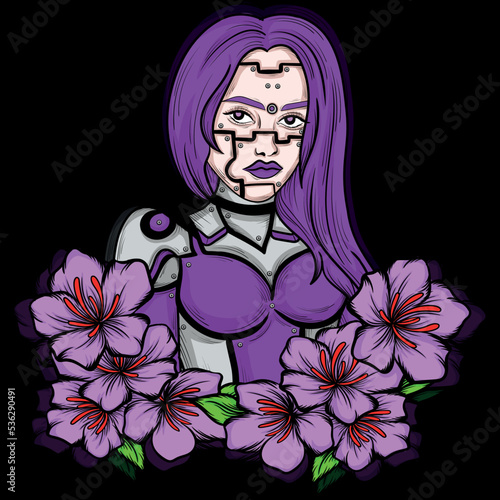 illustration art robot girl purplr hair with flower character design photo