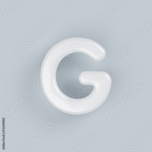 3D White plastic uppercase letter G with a glossy surface on a gray background.