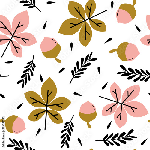 cute autumn seamless vector pattern background illustration with acorn and fall leaves