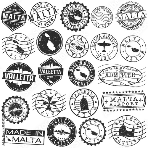 Valletta, Malta Set of Stamp. Vector Art Postal Passport Travel Design. Travel and Business Seals.