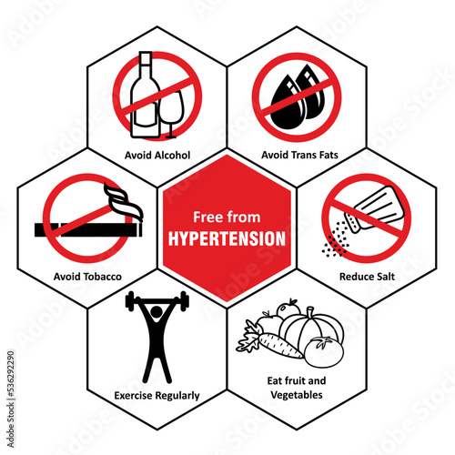 Prevent hypertension, High blood pressure vector illustration
icons. Vector layouts,
Prevention of excessive alcohol, obesity, smoking, and chronic kidney probe.