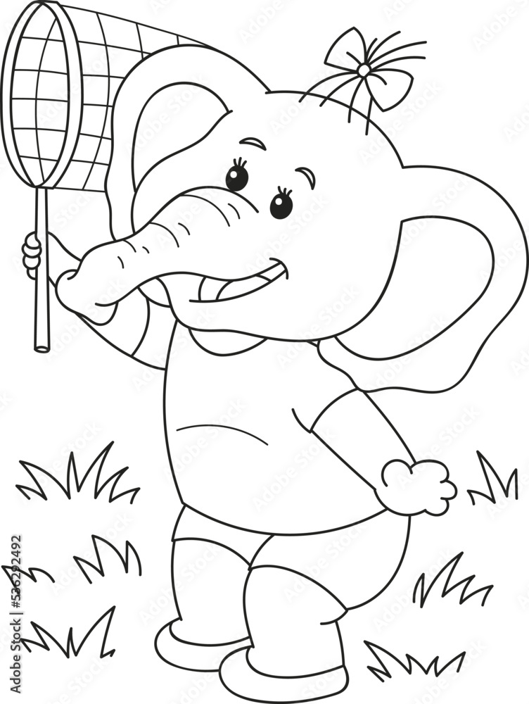 Coloring page outline of cartoon smiling cute girl elephant. Colorful ...