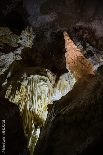 Fairy views from The Frasassi Caves (Italian: Grotte di Frasassi) - the most famous show caves in Italy. The karst cave system is located in the municipality of Genga, Ancona, Marche, Italy.