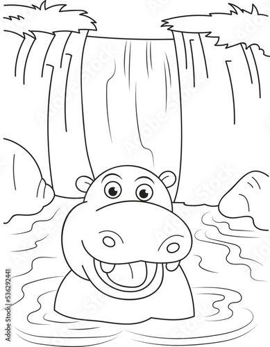 Coloring page outline of cartoon smiling cute hippo in the lake. Colorful vector illustration, summer coloring book for kids.
