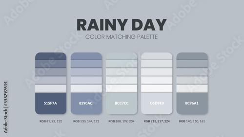 Rainy day color scheme. Color Trends combinations and palette guide. Example of table color shades in RGB and HEX. Color swatch for fashion, home, interiors, design. Colour chart vector. Illustration.