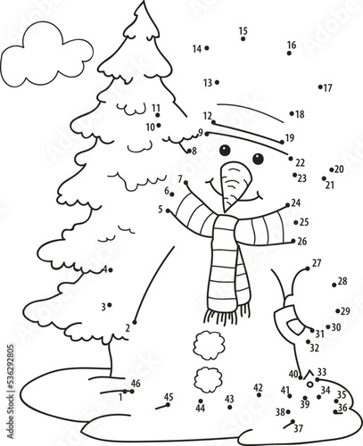 Connect the dots. Snowman. Coloring page outline of the cartoon numbers game. Colorful vector illustration of educational dot to dot game for preschool children, winters coloring book for kids.