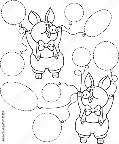 Coloring page outline of cartoon pigs. Educational exercise, preschool worksheet for practicing fine motor skills, tracing dashed lines, colorful vector illustration, coloring book for kids.