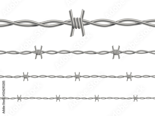 3D metal barbed wire with sharp barbs, steel thorns and spikes, seamless pattern set