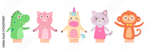 Cute toys for puppet show set, isolated forest and fantasy animal character to play story