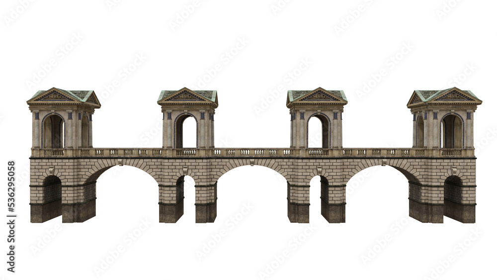 Fototapeta premium Old stone bridge with covered arches. 3D illustration isolated.