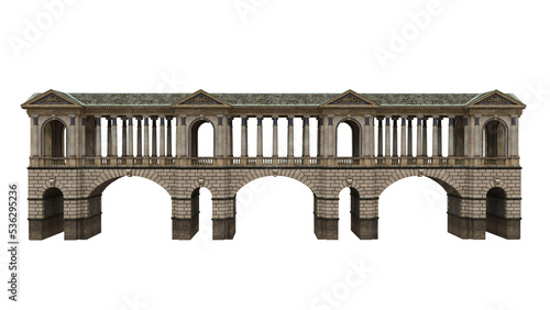 Photos 3D rendering of a long covered stone bridge with roof and columns isolated