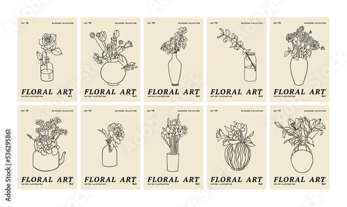 Vector illustration set of ink floral posters with different flowers and vase. Art for for prints, wall art, banner, background.