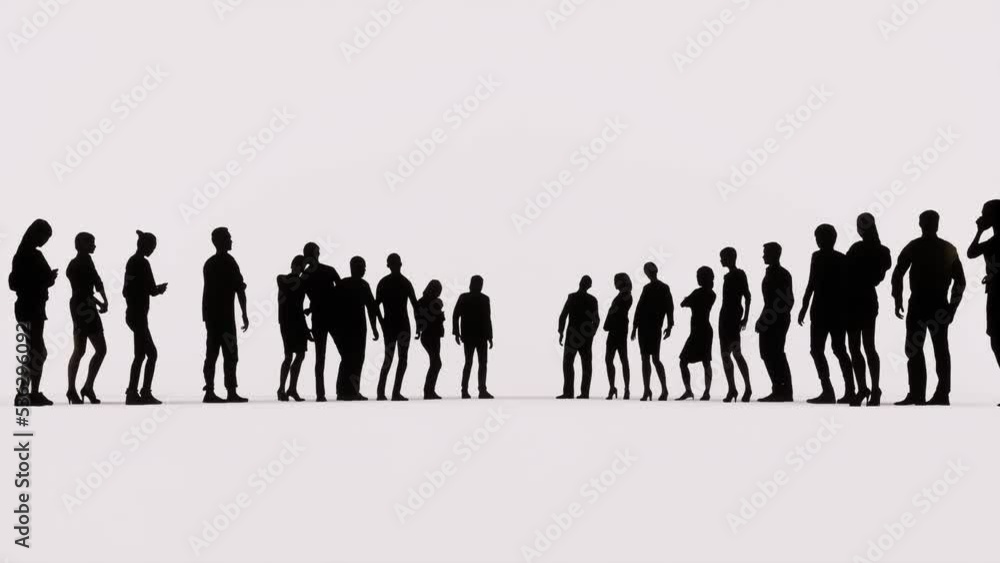 People's silhouettes standing idle waiting in rows on white background. People silhouettes 3D animation. People's silhouettes standing idle waiting in rows on white background. People silhouettes 3D animation.