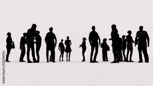 People's silhouettes standing idle talking on white background. People silhouettes 3D animation.