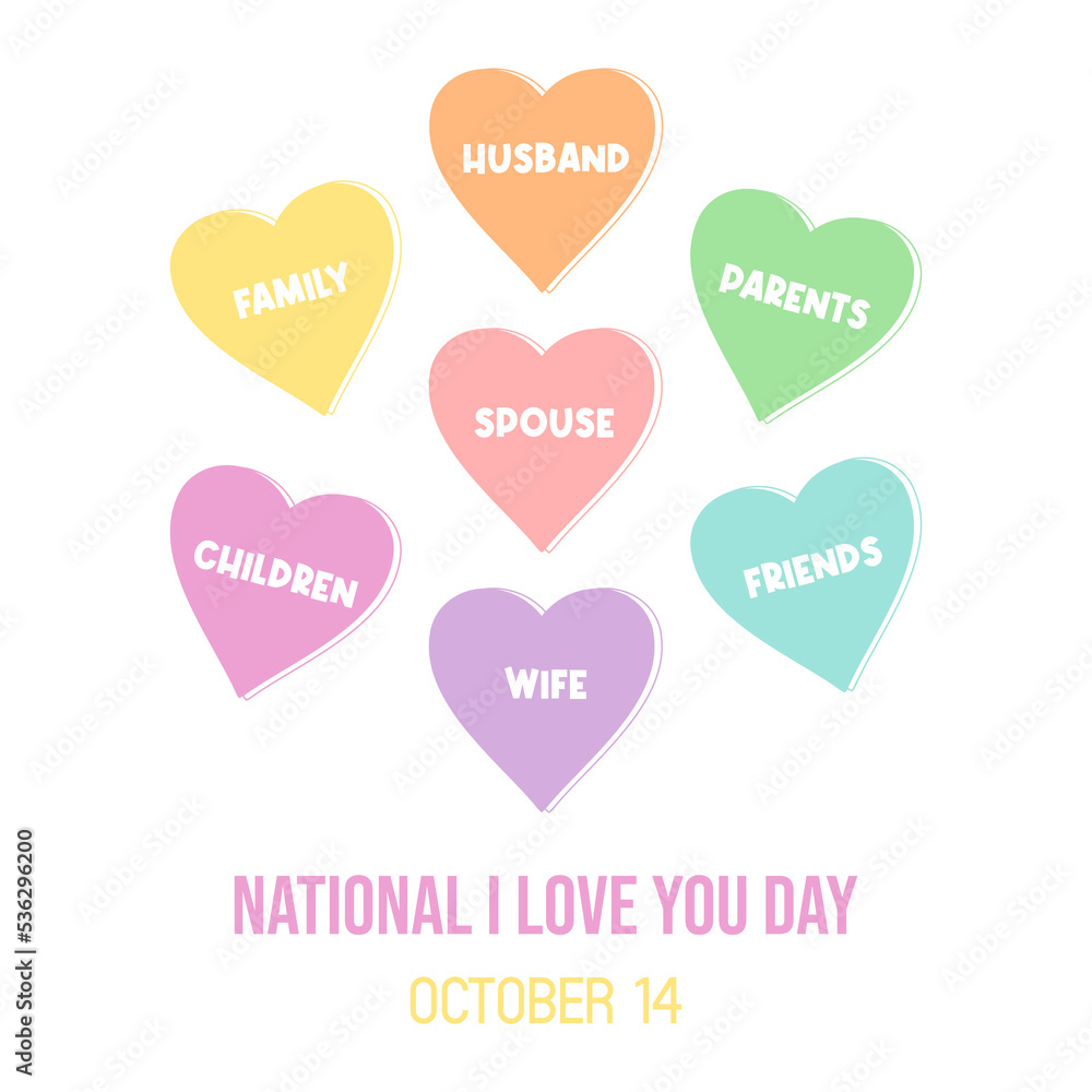 National I Love You Day greeting card, illustration with cute pastel colors hearts. Celebration love and relationship day. October 14.
