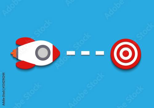 Red rocket targeting to hit center dartboard. Arrow dart aim goal on bullseye in target. Business success, investment goal, opportunity challenge, aim strategy, achievement focus concept. illustration