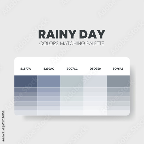 Rainy day color scheme. Color Trends combinations and palette guide. Example of table color shades in RGB and HEX. Color swatch for fashion, home, interiors, design. Colour chart vector. Illustration.
