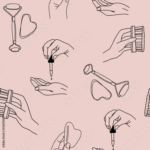 Spa and skin care seamless pattern. Background with beauty tools and face care procedures. Line art vector illustration