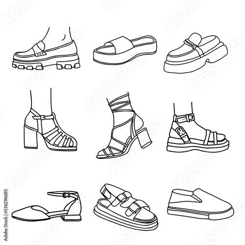 Modern feminine footwear line art collection. Sketch set of shoes and sandals for spring and summer. Hand drawn vector illustration