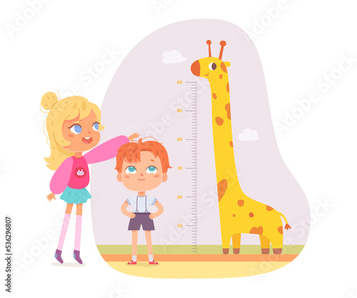 Kids friends measure height with ruler and cheerful giraffe vector illustration. Cartoon girl standing with baby boy, chart of progress growth with scale in inches and animal isolated on white