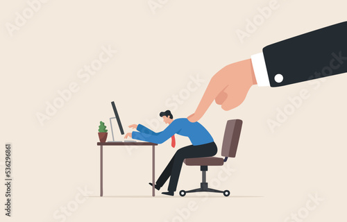 Work under pressure. complete the work in accordance with the goals. Overcome laziness at work..Employee being pressed by a giant index finger. Business power and under pressure concept.