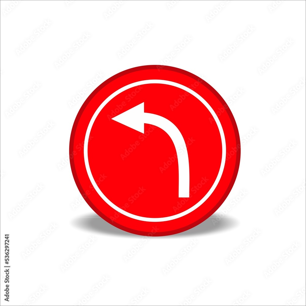 Red traffic round shaped Left Bend sign with post on white background Red traffic round shaped Left Bend sign with post on white background