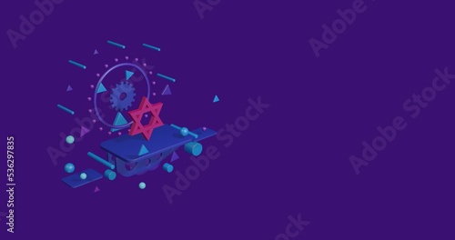 Pink star of David symbol on a pedestal of abstract geometric shapes floating in the air. Abstract concept art with flying shapes on the left. 3d illustration on deep purple background