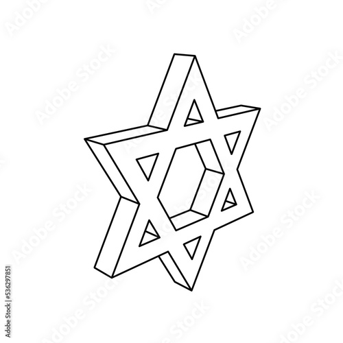 The outline of a large star of David symbol is made with black lines. 3D view of the object in perspective. Vector illustration on white background