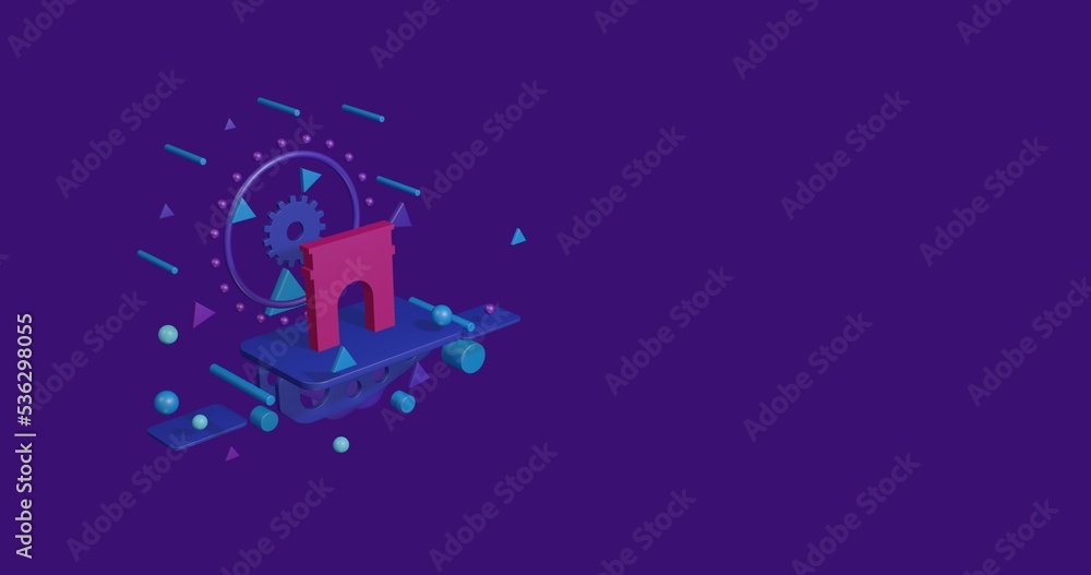 Pink arch symbol on a pedestal of abstract geometric shapes floating in the air. Abstract concept art with flying shapes on the left. 3d illustration on deep purple background