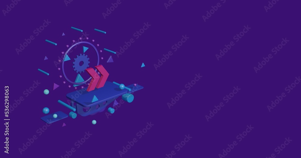 Pink double arrow symbol on a pedestal of abstract geometric shapes floating in the air. Abstract concept art with flying shapes on the left. 3d illustration on deep purple background Pink double arrow symbol on a pedestal of abstract geometric shapes floating in the air. Abstract concept art with flying shapes on the left. 3d illustration on deep purple background