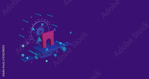 Pink arch symbol on a pedestal of abstract geometric shapes floating in the air. Abstract concept art with flying shapes on the left. 3d illustration on deep purple background