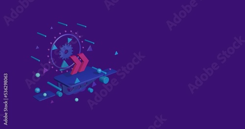 Pink double arrow symbol on a pedestal of abstract geometric shapes floating in the air. Abstract concept art with flying shapes on the left. 3d illustration on deep purple background