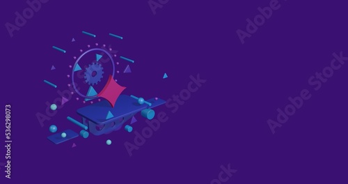 Pink star symbol on a pedestal of abstract geometric shapes floating in the air. Abstract concept art with flying shapes on the left. 3d illustration on deep purple background © Alexey