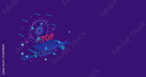 Pink top symbol on a pedestal of abstract geometric shapes floating in the air. Abstract concept art with flying shapes on the left. 3d illustration on deep purple background