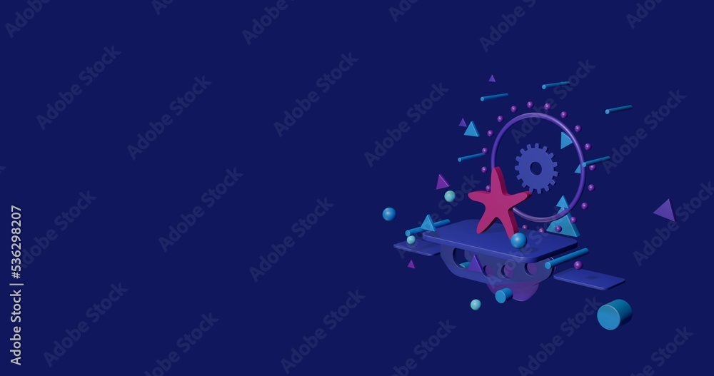 Pink starfish symbol on a pedestal of abstract geometric shapes floating in the air. Abstract concept art with flying shapes on the right. 3d illustration on indigo background