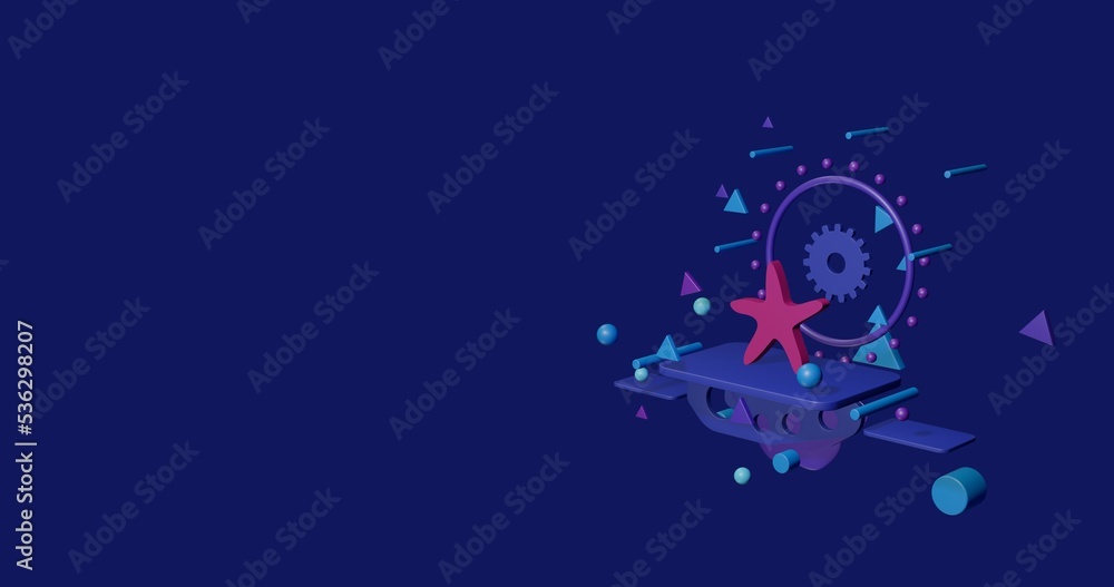 Naklejka premium Pink starfish symbol on a pedestal of abstract geometric shapes floating in the air. Abstract concept art with flying shapes on the right. 3d illustration on indigo background