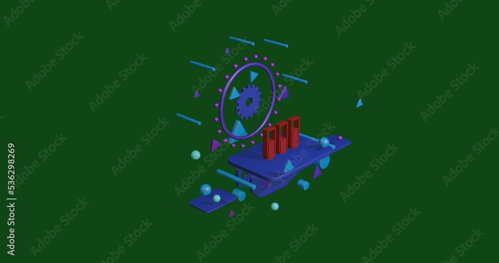 Red water game symbol on a pedestal of abstract geometric shapes floating in the air. Abstract concept art with flying shapes in the center. 3d illustration on green background Red water game symbol on a pedestal of abstract geometric shapes floating in the air. Abstract concept art with flying shapes in the center. 3d illustration on green background